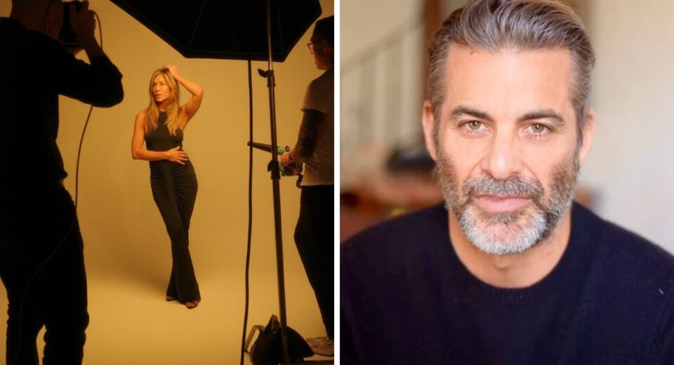 Jennifer Aniston during a photoshoot and Jim Curtis posing for a portrait