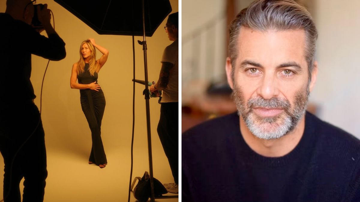 Jennifer Aniston during a photoshoot and Jim Curtis posing for a portrait