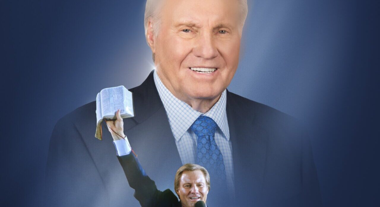 Jimmy Swaggart holding a Bible, with a larger portrait of him in the background
