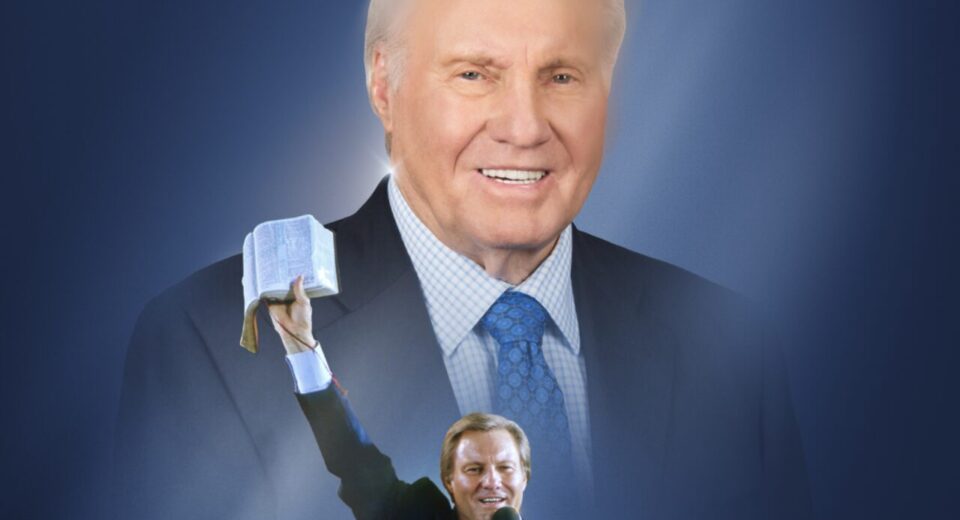 Jimmy Swaggart holding a Bible, with a larger portrait of him in the background