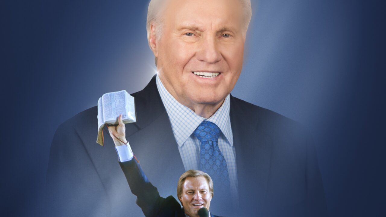 Jimmy Swaggart holding a Bible, with a larger portrait of him in the background