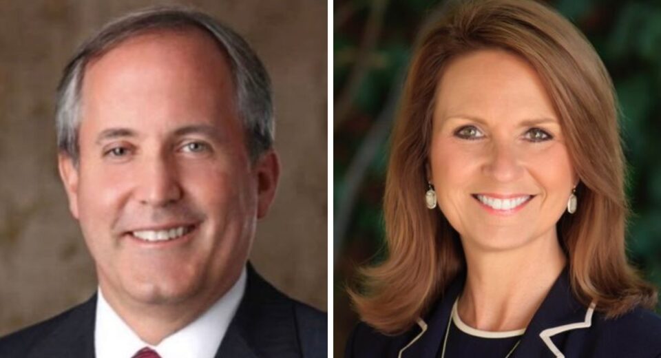 Side-by-side portraits of Ken Paxton and Angela Paxton