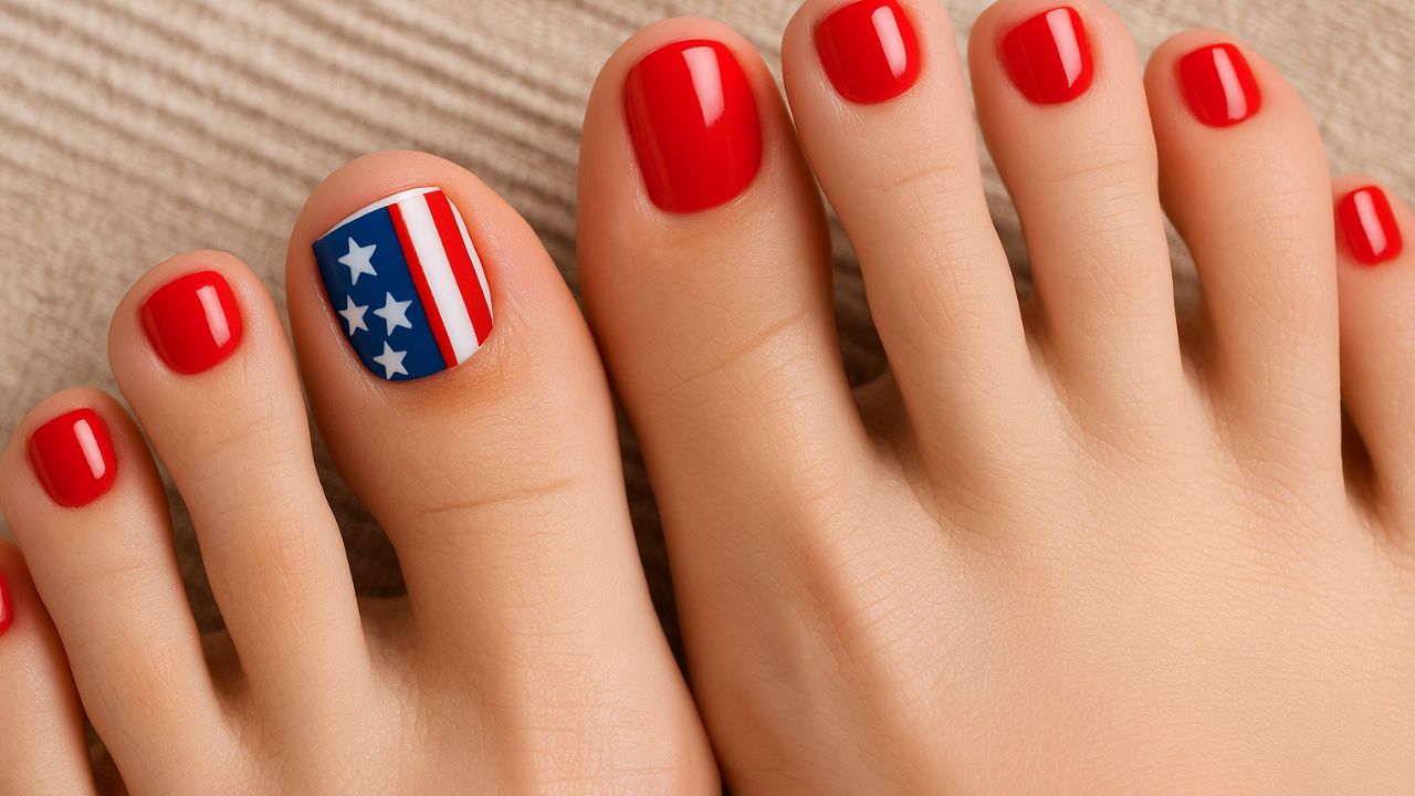 Close-up of a mini American flag accent nail design on toenails