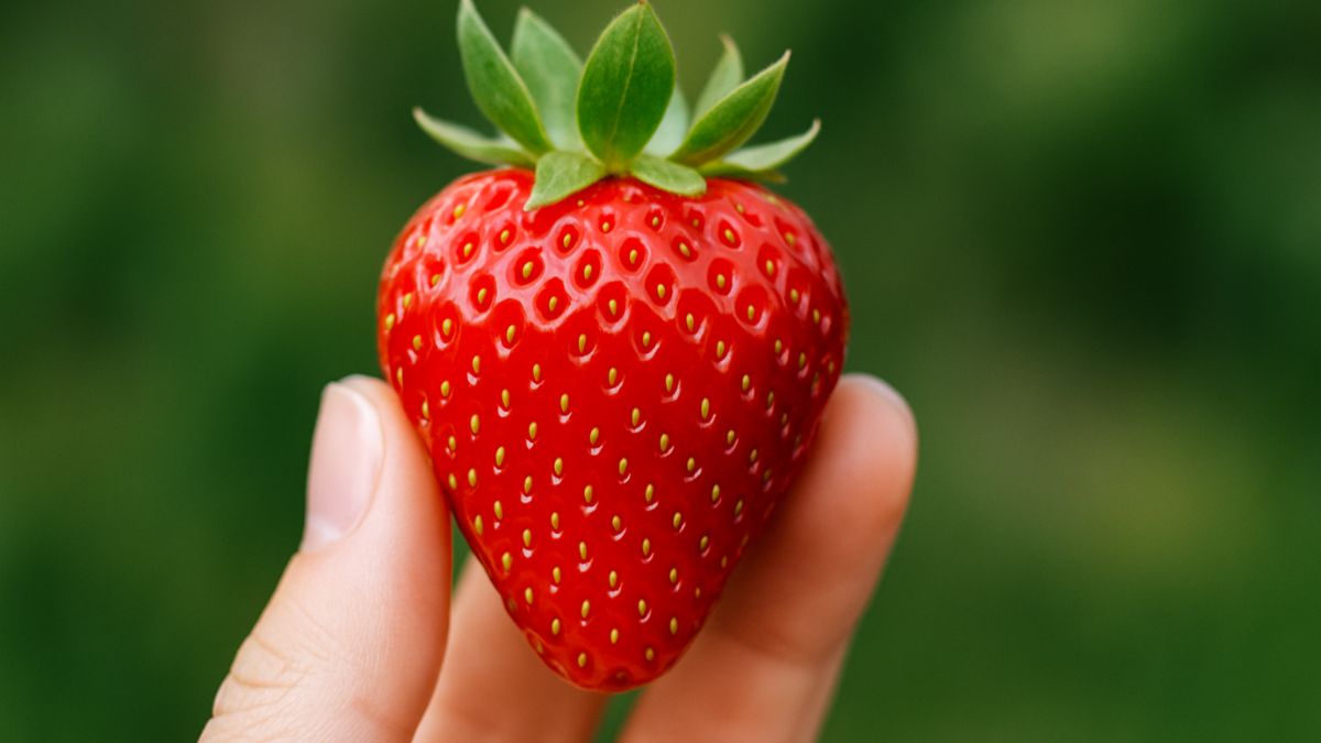 Close-up of a fresh, ripe strawberry held between fingers