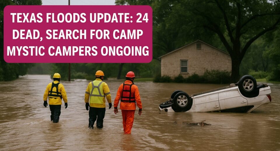 Rescue workers search flooded streets in Kerr County, Texas, after flash floods