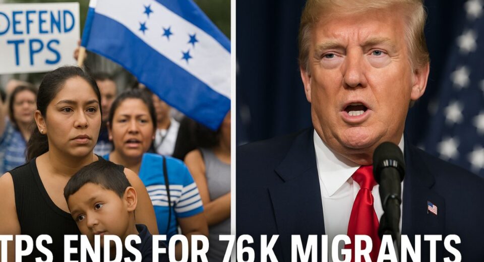 Side-by-side image of Honduran TPS protest and Donald Trump speaking