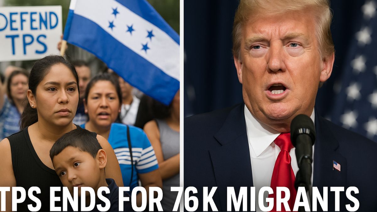 Side-by-side image of Honduran TPS protest and Donald Trump speaking
