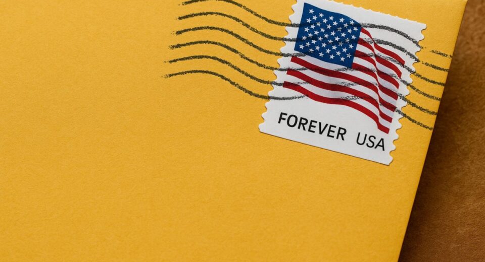 Close-up of a USPS Forever stamp on a yellow envelope with postmark