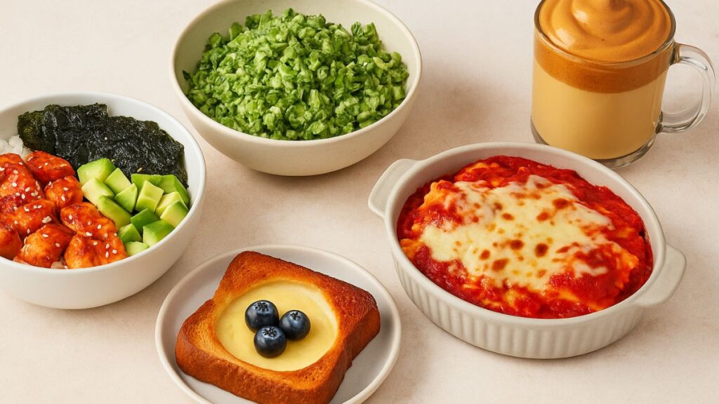 A high-resolution photograph displays five viral TikTok recipes — salmon rice bowl, green goddess salad, ravioli lasagna, yogurt custard toast, and cloud coffee — arranged on a light beige surface.