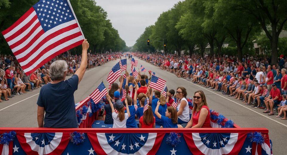 Crowd at 4th of July parade watching floats