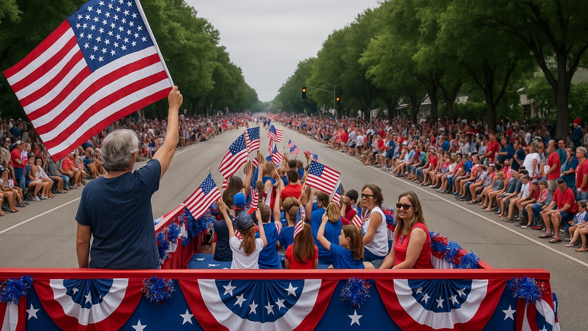 Crowd at 4th of July parade watching floats
