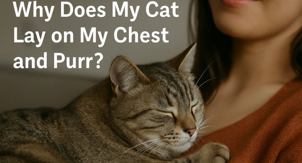Cat purring while laying on a woman’s chest